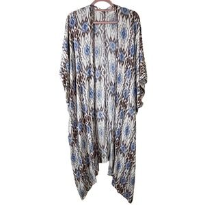 Mahina Bohemian Aztec Open Kimono Coverup Cardigan Tan Blue White L Flowy